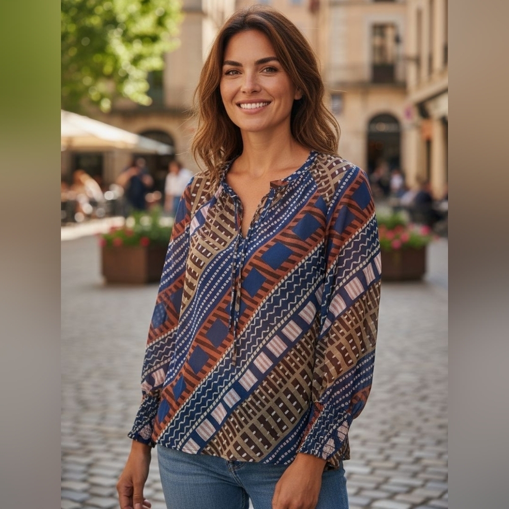 Love In Geometric Print Blouse Blue Brown Extra Large #BL20
